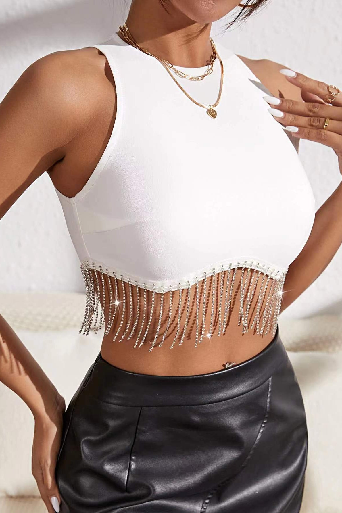 Rhinestone Fringe Trim Sleeveless Crop Top Secondary image