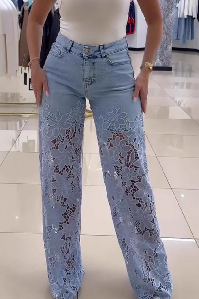 High Waist Lace Cutout Long Wide Leg Jeans Main image