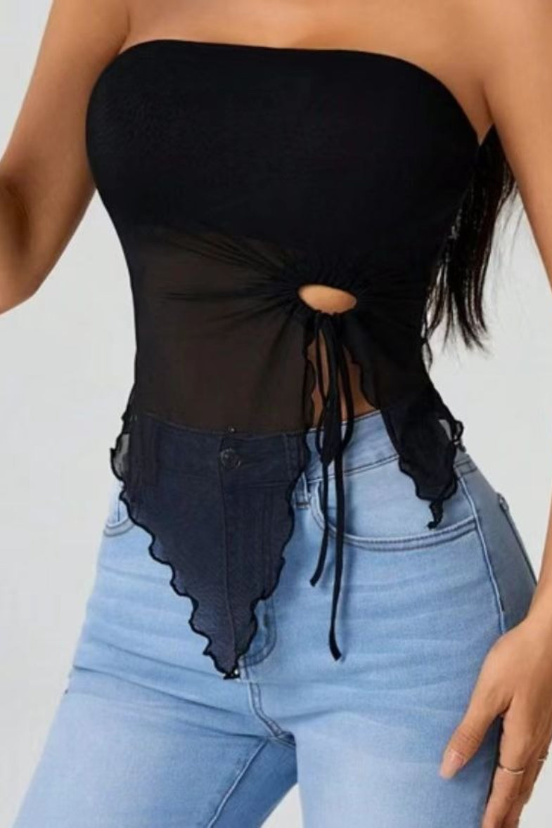 Asymmetric Strapless Tie Front Tube Top
