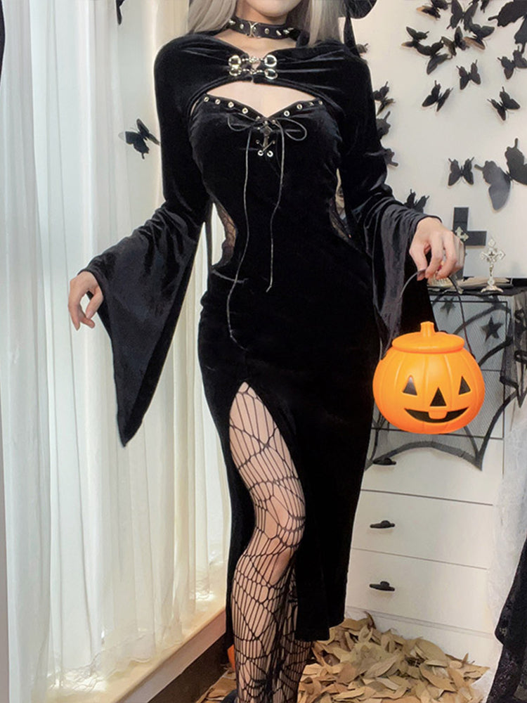 Long Dress Suit With Hat See Through Velvet Lace Cutout High Slit Long Sleeve Button Party Dress