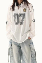 V Neck Graphic Print Oversized Raglan Long Sleeve Tee