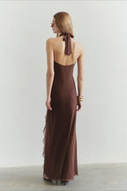 Solid  Halter Deep V Back Lace Detail Long Prom Dress