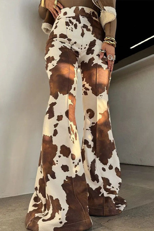 Brown Cow Print High Waist Long Flared Pants Main image