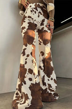Brown Cow Print High Waist Long Flared Pants