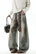 Dirty Wash Strap Wide Leg Jeans