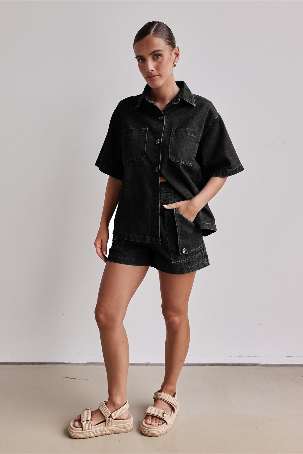 Vintage Loose Shirt Denim Shorts Set