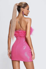 Sequin Faux Fur Off Shoulder Party Dress