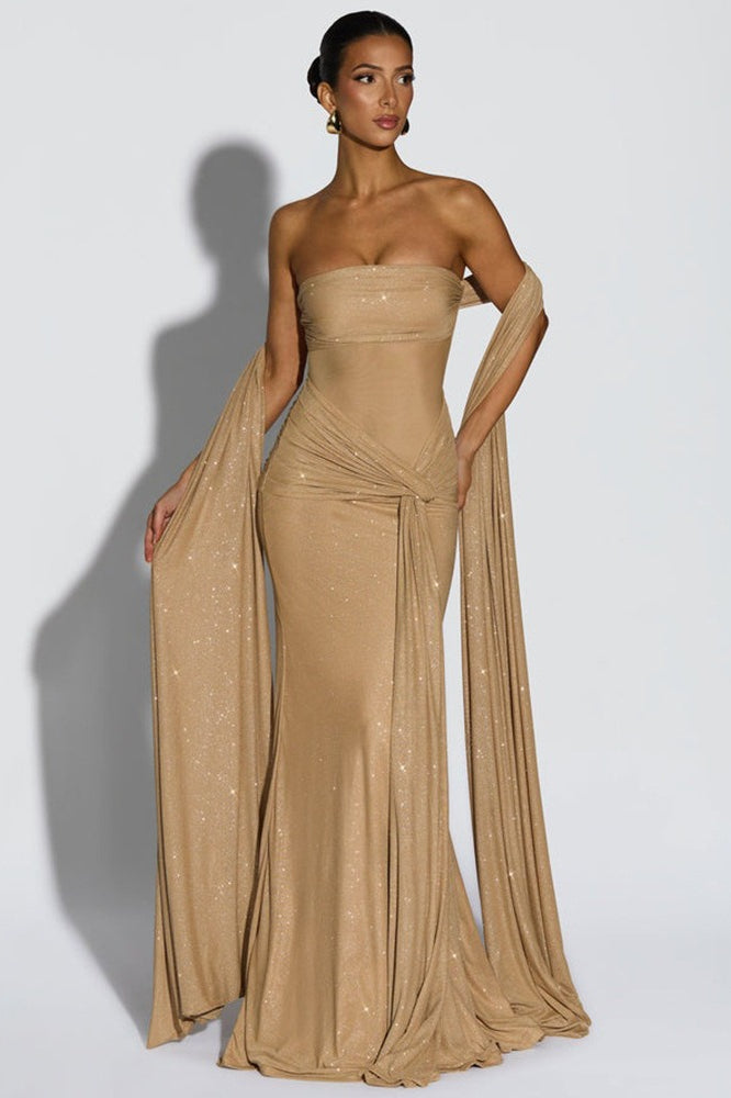 Metallic Mesh Scarf Strapless Formal Dress