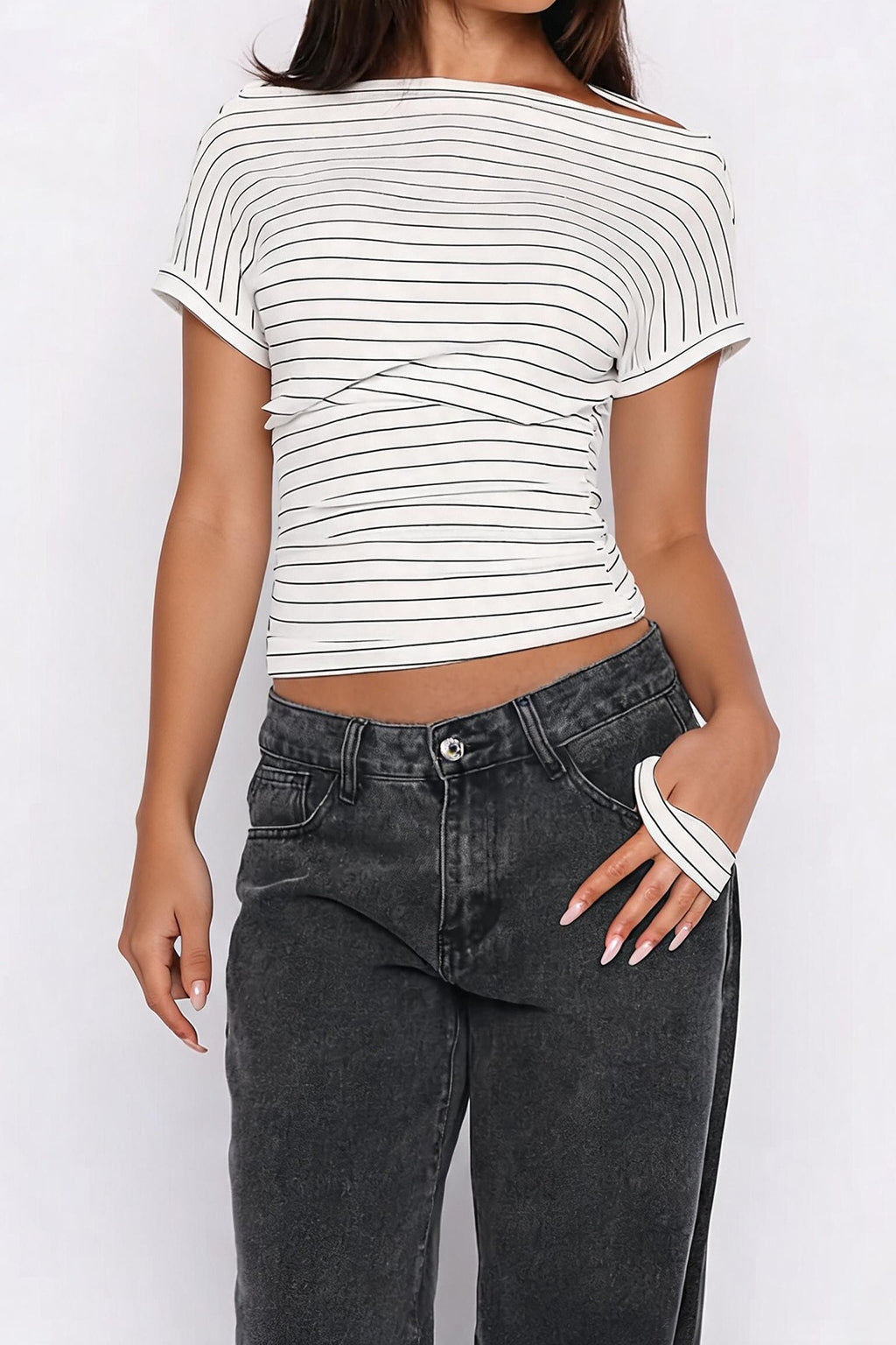 Ruched Cinched Waist Striped Off Shoulder Tee