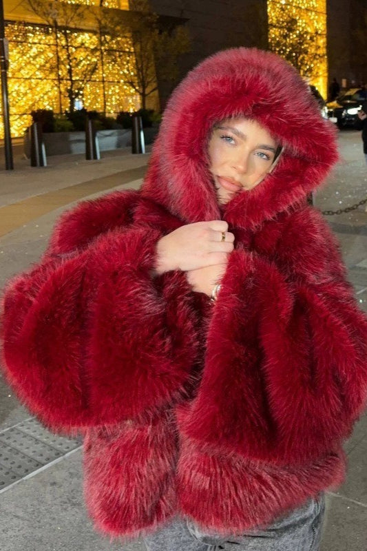 Angora Red Faux Fox Fur Cropped Hooded Coat – FashionLaura