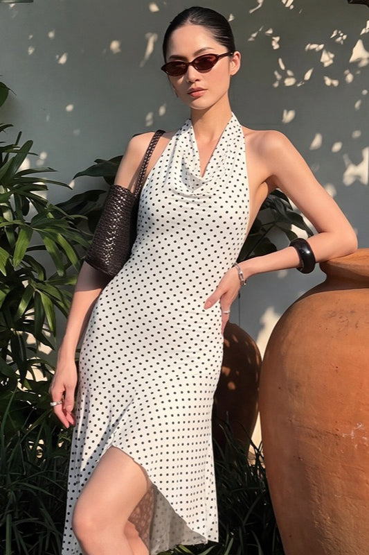 Polka Dot Halter Asymmetrical Hem Midi Dress Main image