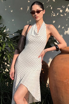 Polka Dot Halter Asymmetrical Hem Midi Dress