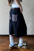 Plaid Pocket Denim Bermuda Jeans