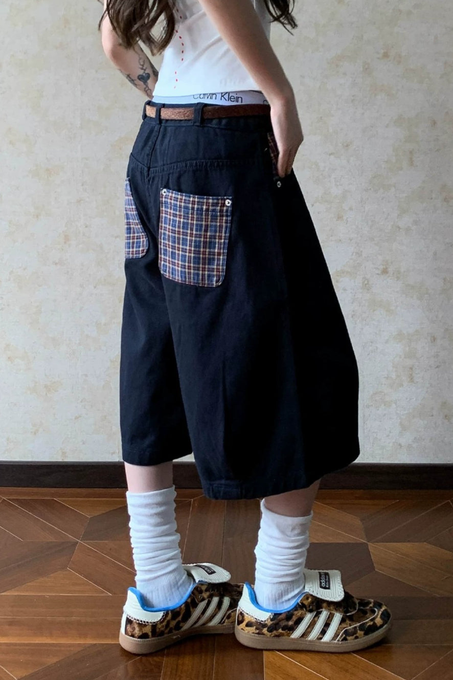 Plaid Pocket Denim Bermuda Jeans