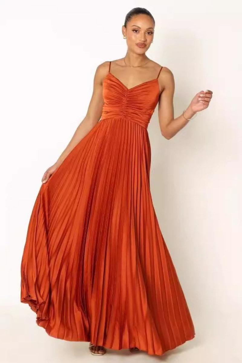 Pleated Satin Spaghetti Strap Formal Dress
