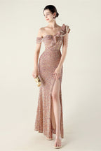 Draped One Shoulder Ruffle Formal Dress S / Gold