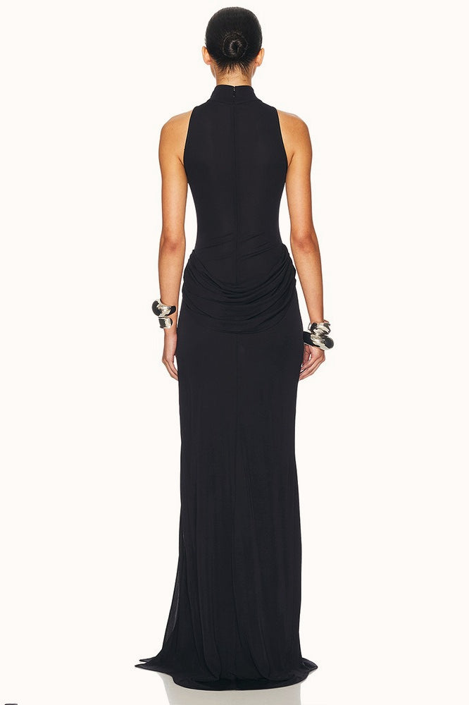 High Neck Ruched Side Slit Formal Dress