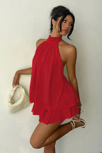 Sexy Backless Halter Tie Waist Slim Fit Ruffled Mini Dress