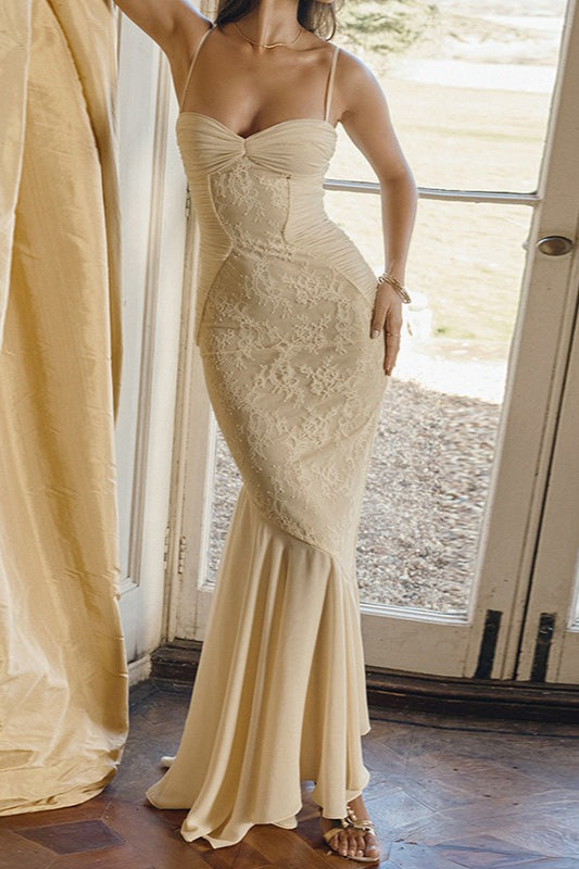 Lace Ruffle Slip Maxi Formal Dress S / Beige