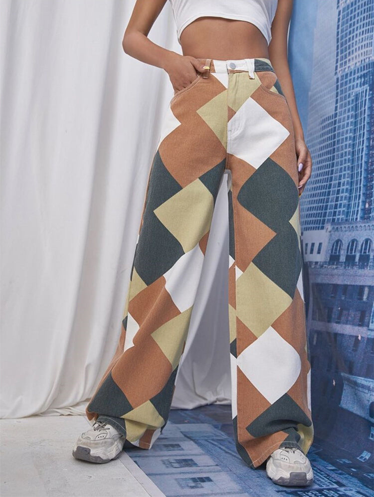 Color Block Argyle Print Wide Leg Jeans Jeans