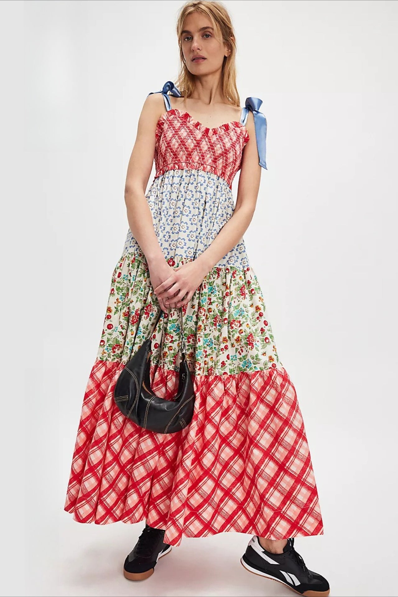 Gingham Patchwork Floral Print Boho Dress Main image