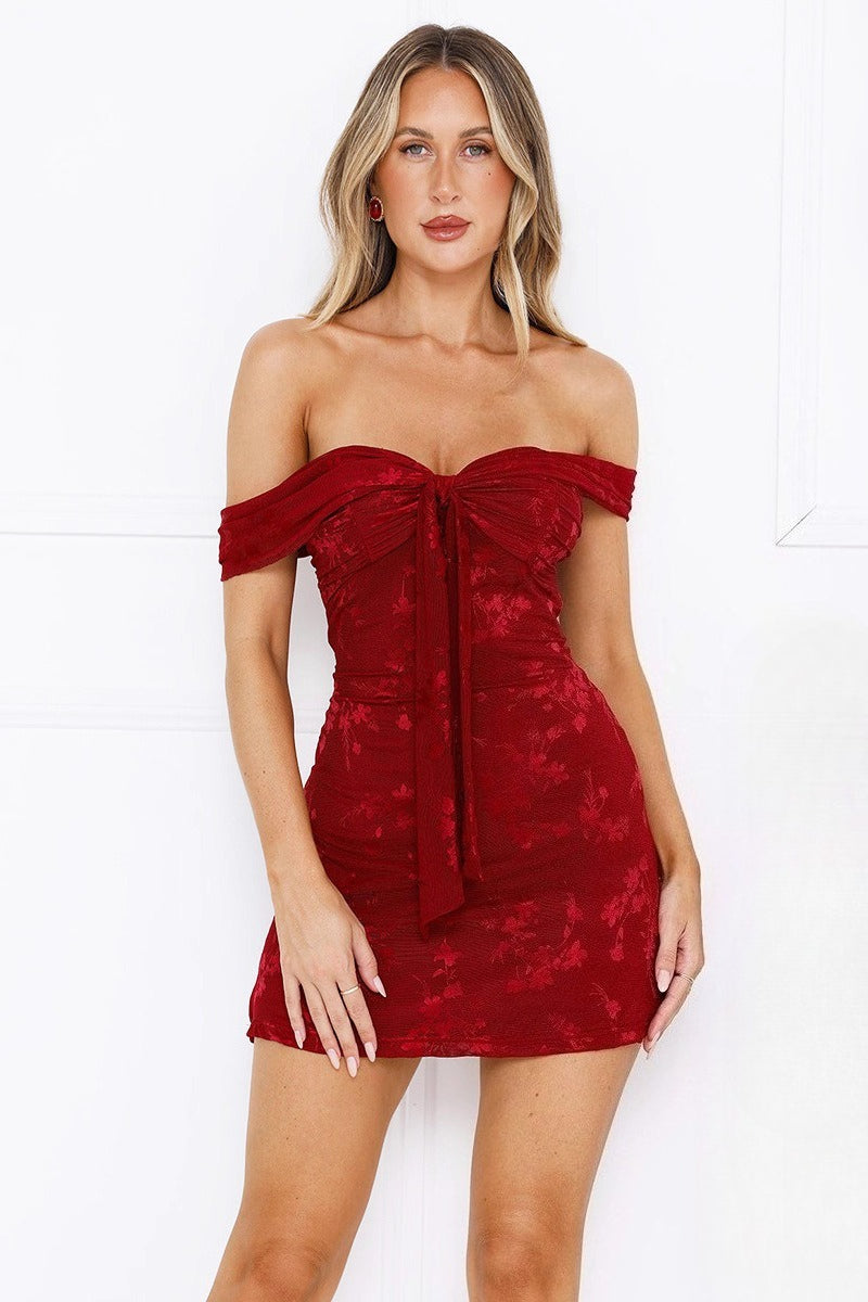Jacquard Mesh Strapless Party Dress S / Red Main image