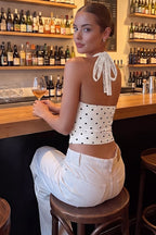 Polka Dot Print Lace Trim Halter Top