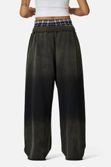 Washed Plaid Patchwork Double Waist Low Rise Pants