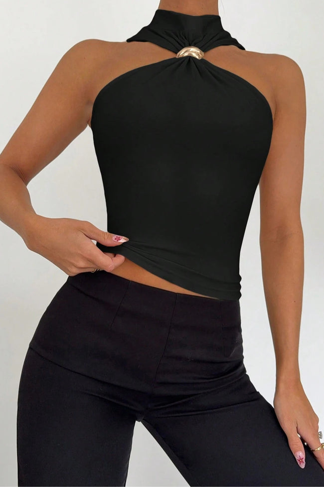 High Neck Metal Ring Sleeveless Off Shoulder Halter Top Main image
