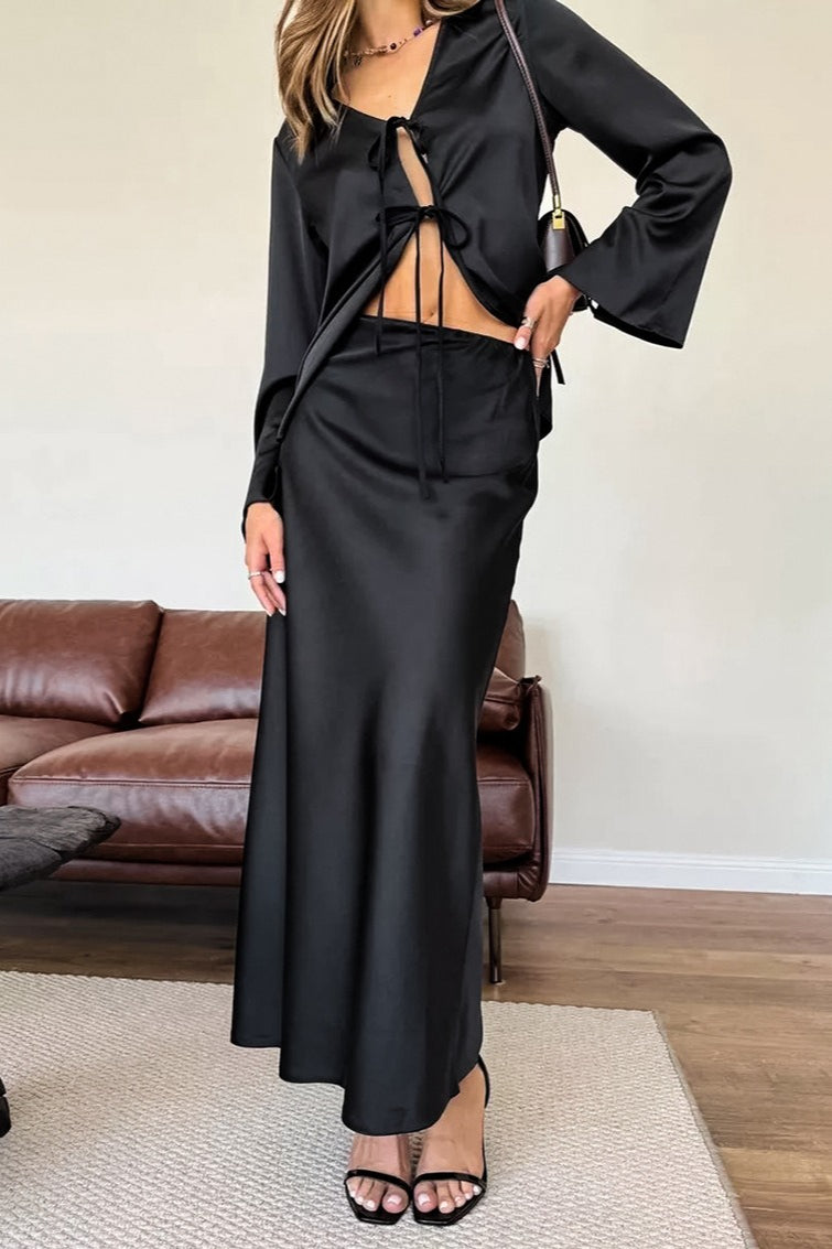 V Neck Tie Front Satin Top Maxi Skirt Set Main image