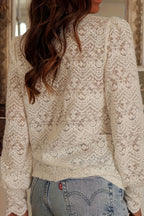 Solid Hollow Out Loose V Neck Lace Blouse