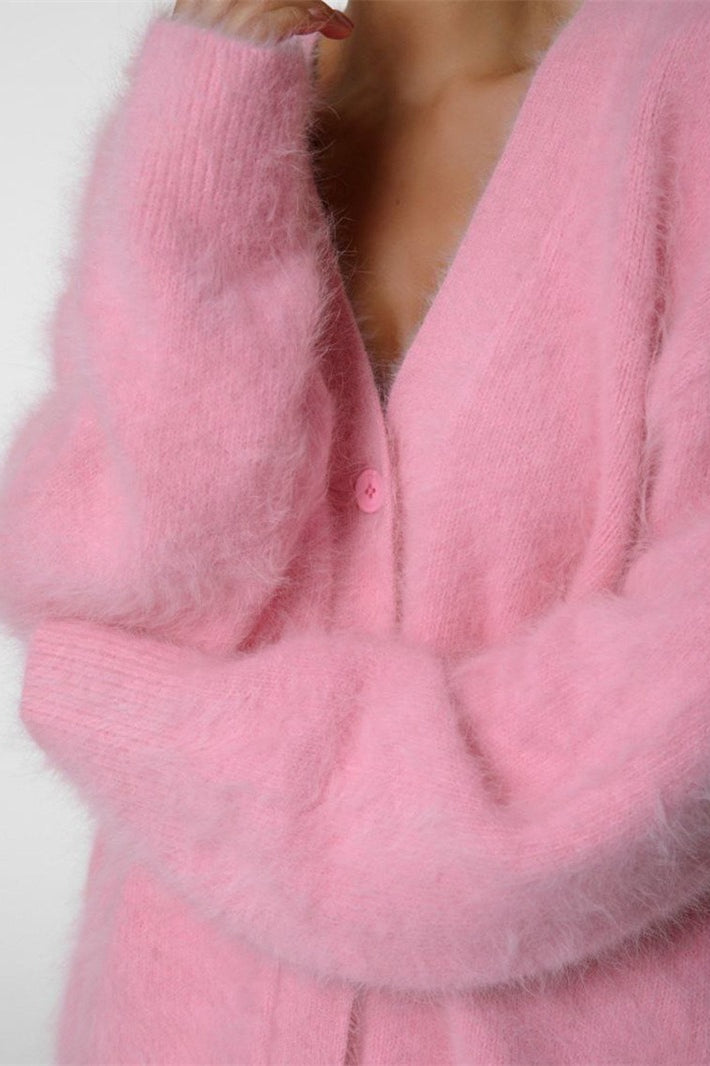 V Neck Fluffy Knit Cardigan Sweater