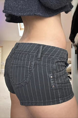 Striped Colorblock Low Rise Double Breasted Denim Shorts