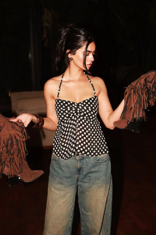 Polka Dot Ruched Halter Tie Back Crop Top Main image