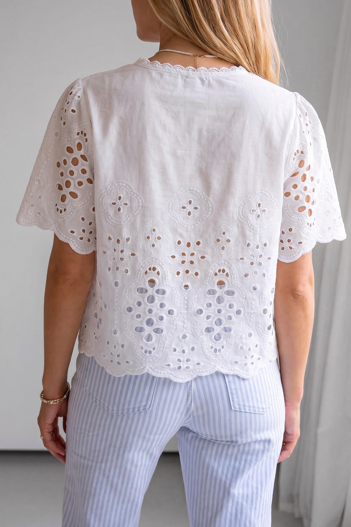 White Hollow Out Flutter Sleeve Vacation Blouse