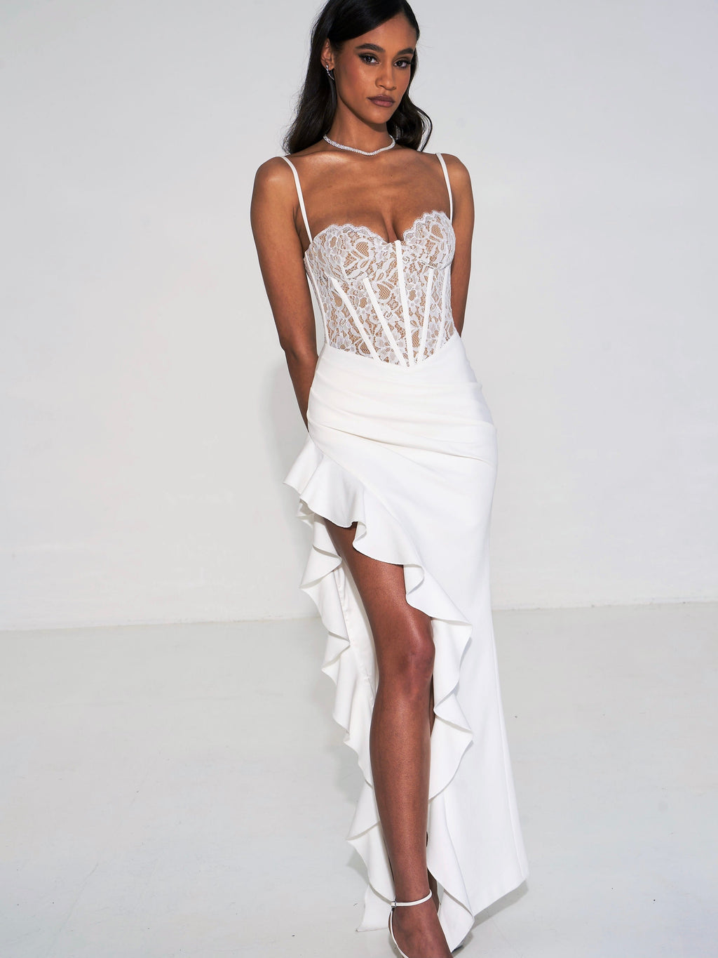 Junia White Lace Charming Corset Maxi Dress L / US 10 12 Dresses