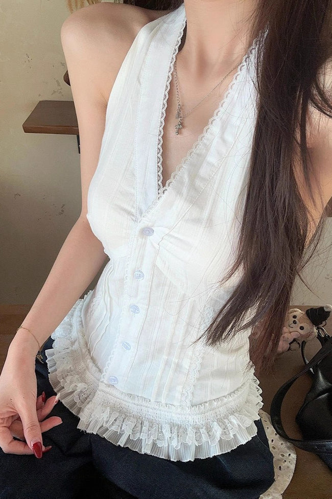 White Lace Trim V Neck Halter Waist Tie Halter Top Main image