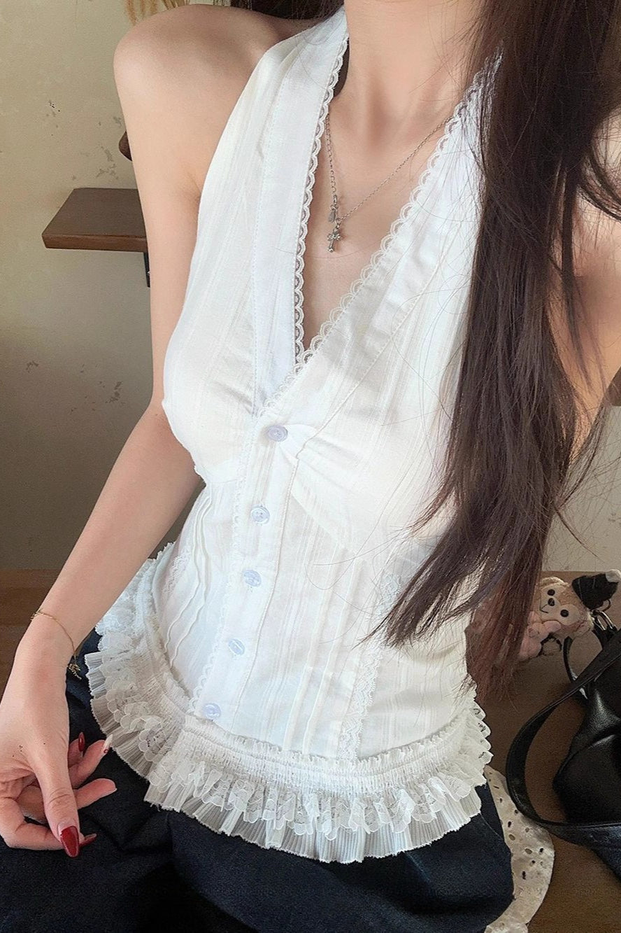 White Lace Trim V Neck Halter Waist Tie Halter Top Main image