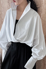 Structured Oversized Lapel V Neck White Blouse