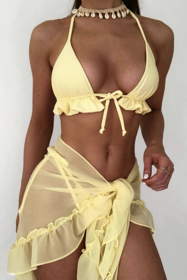 Ruffle Halter Tie Mesh Ruched Three Piece Swim Set Main image