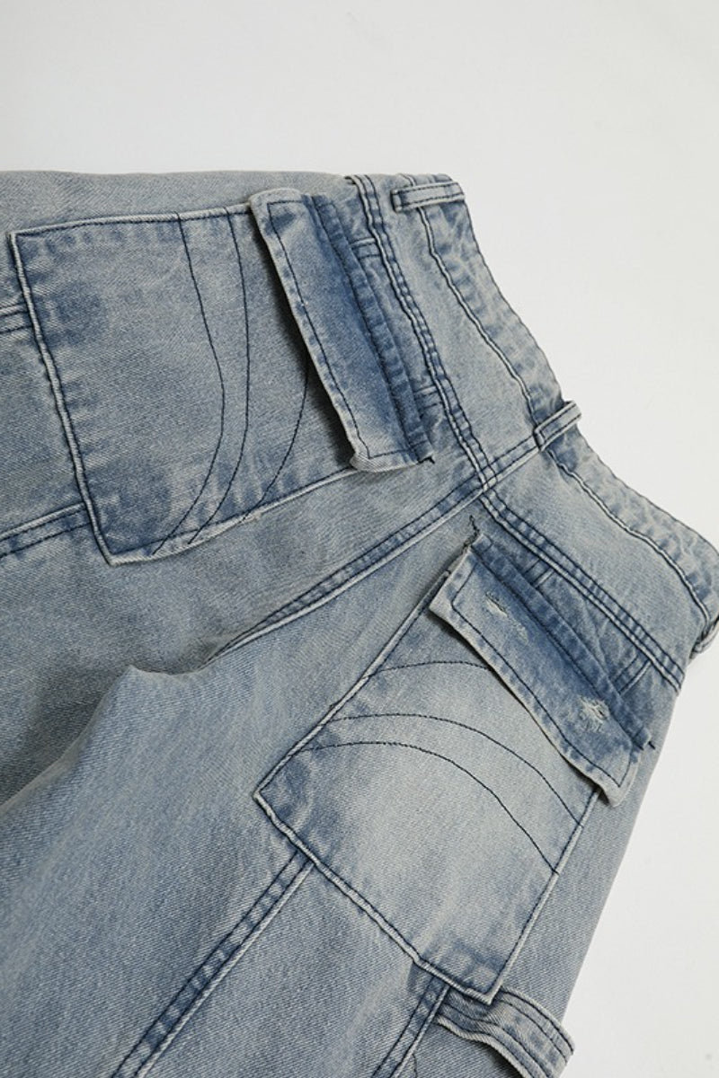 Washed Buckle Cargo Wide Leg Jeans