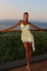 Alluring Asymmetric Lace Trim Fitted Mini Dress