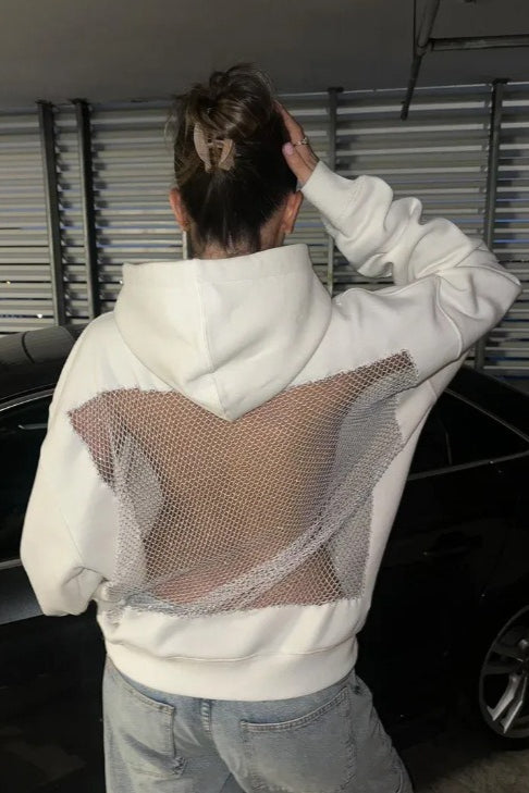 Mesh Back Cutout Pullover Hoodie