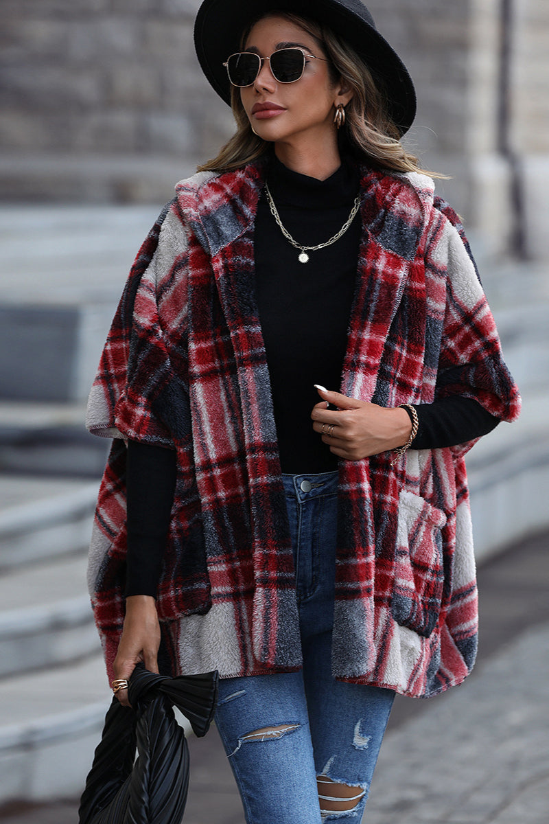 Fuzzy Plaid Hooded Short Sleeve Coat Red / S coats Main image