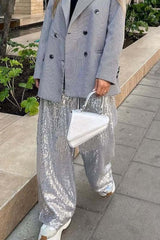 Sequin Color Block Slim Loose Pants