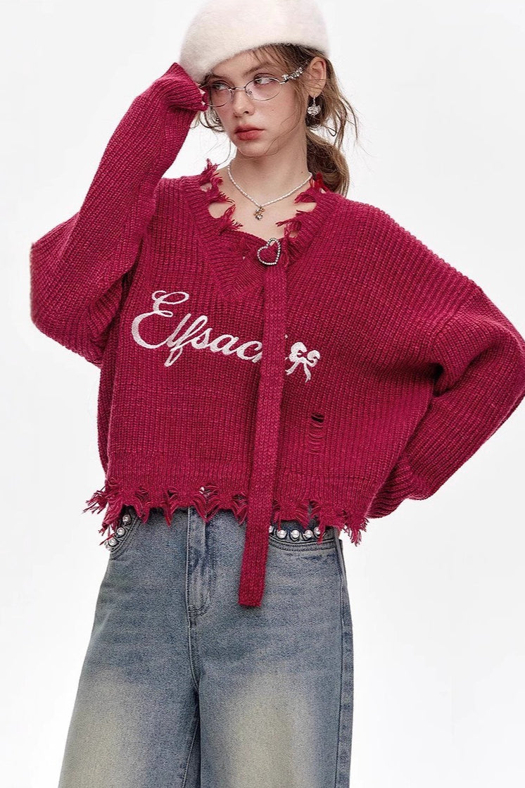 Red Embroidered Raw Edge Wool Blend Sweater Secondary image