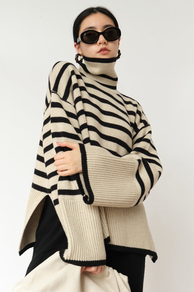 Striped High Neck Oversized Knit Sweater Main image