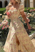 Square Neck Short Sleeve Slit Slim Floral Dress
