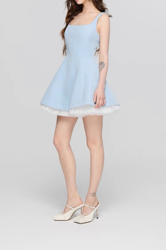 Square Neck Mesh Panel Mini Dress