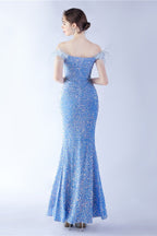 Velvet Sequin Ostrich Feather Off Shoulder Formal Dress S / Blue
